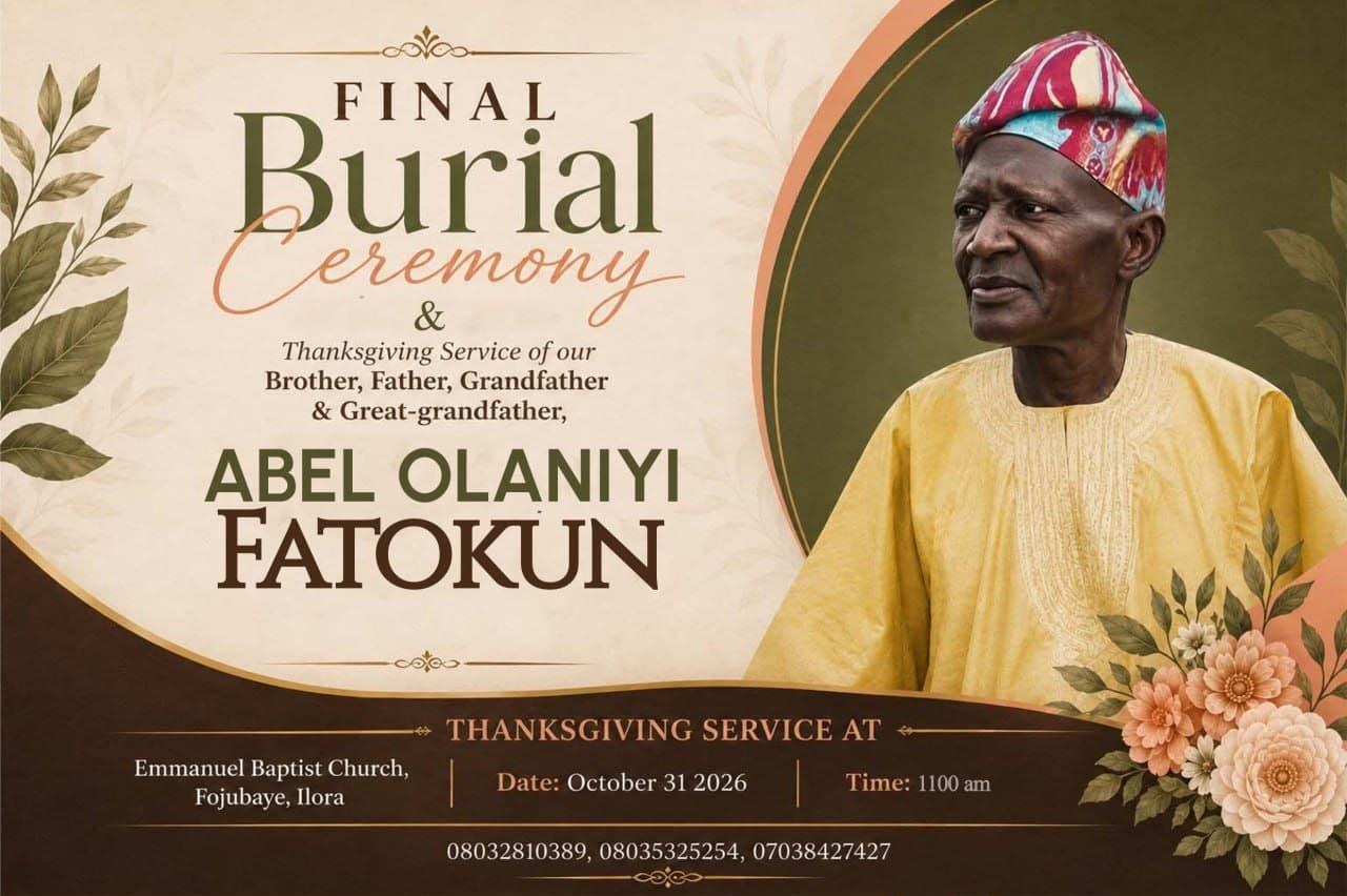 Announcement of the final burial ceremony and thanksgiving service